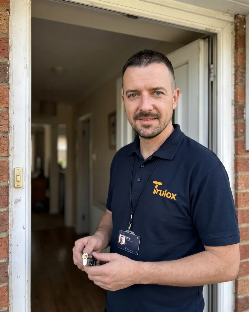 George, owner of Trulox, in a branded polo with his ID card on a lanyard, holding a replacement cylinder at an open front door